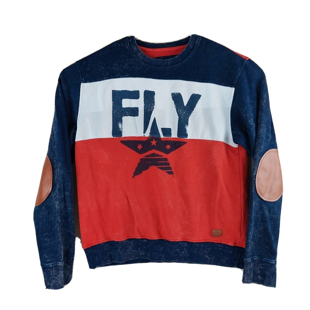 Born Fly Sweatshirt Mens XL Red‎ White Blue Colorblock FLY Graphic Elbow Patches